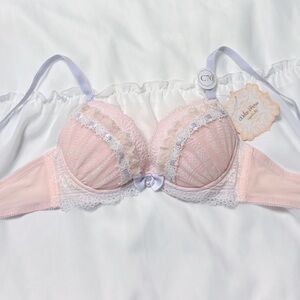 US-32B/JP-C70 Japanese Brand Ribbon Glittery Ruffle Heart Embroidery Bra NWT